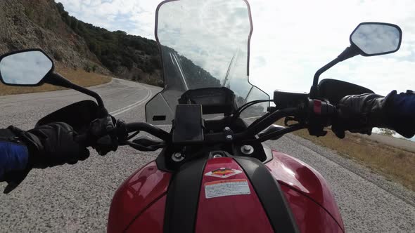 POV Biker Rides on Motorbike By Scenic Mountain Road Moto Adventure Freedom alt