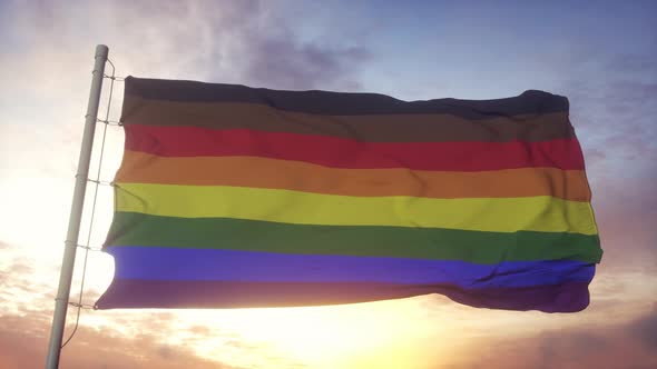 Philadelphia Pride Flag Waving in the Wind Sky and Sun Background alt