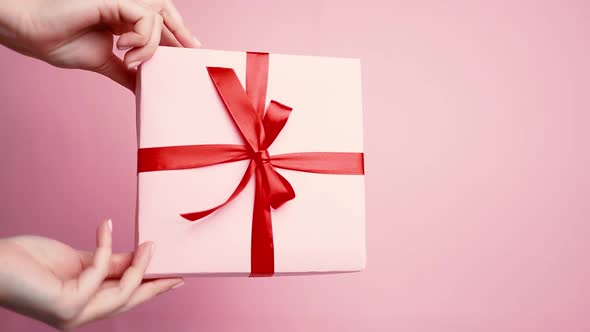 Caucasian Hand Showing Surprise Gift Box with Red Ribbon Bow Isolated on Pink Pastel Wall