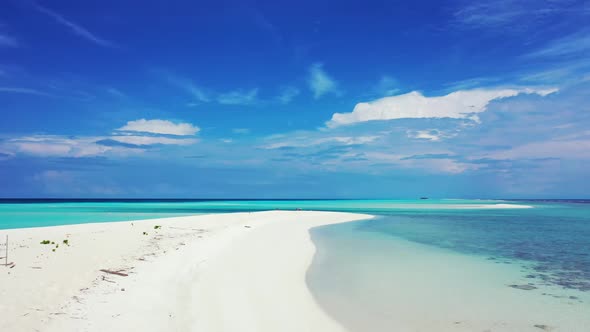 Aerial flying over scenery of perfect island beach trip by blue sea and white sandy background of a  alt