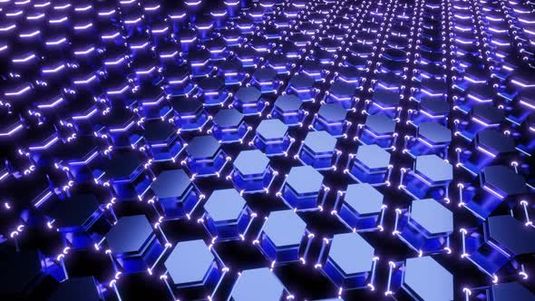 3d animation in which blue figures like rhombuses rise and fall and are illuminated alt