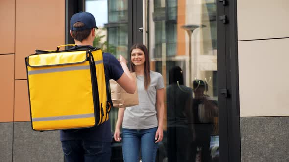 Smiling Food Delivery Man Courier with Thermal Backpack Deliver Order Woman alt