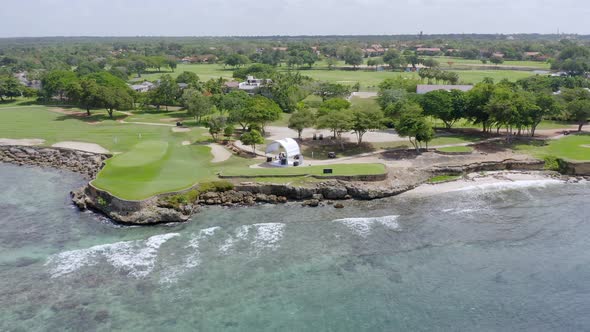 Golf tournament at Casa de Campo La Romana on Caribbean coastline; aerial alt