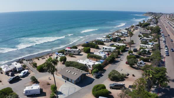 Beautiful aerial shot flying over San Elijo State Beach in California alt
