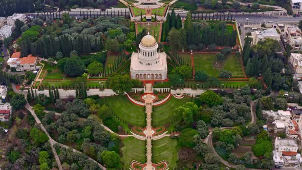 Bahai temple and gardens in Haifa, Israel, 4k aerial drone view alt