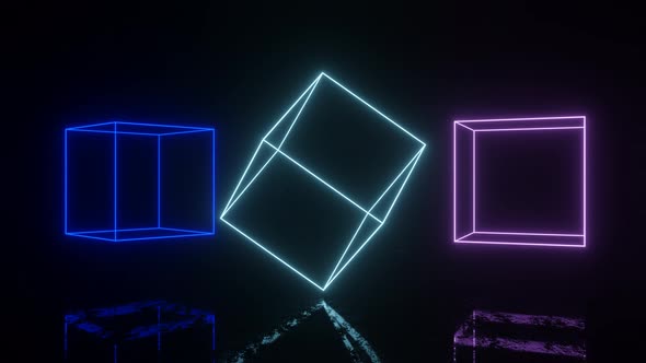 Neon glowing boxes in dark space with reflections on the floor. Seamless loop alt