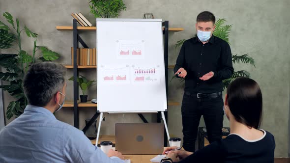 Manager talk presents business plan owners, shows marker diagram on flip chart alt