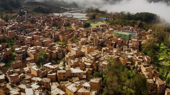 Aerial of the rice fields and villages of Yuanyang County China alt