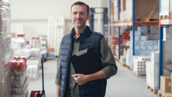 Portrait of smiling caucasian man in a warehouse. Shot with RED helium camera in 8K. alt
