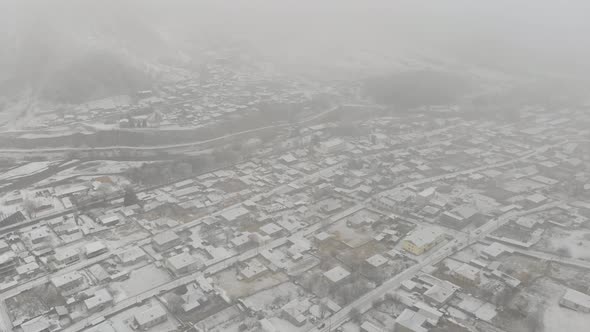 Aerial view of small town Stepantsminda, near mountain Kazbek, Georgia alt