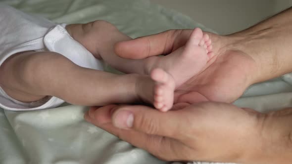 Mother Holds the Legs of Her Newborn Baby in Her Hands. Close- Up. alt