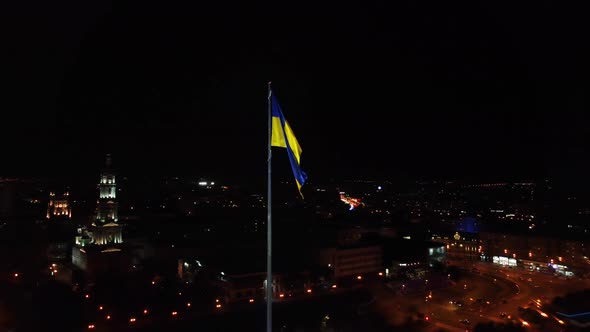 Flag of Ukraine, Kharkiv city center night aerial