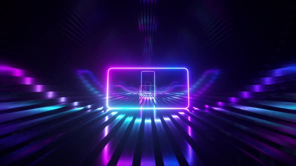 Sci-fi Tunnel with Neon Rounded Square. An Endless Flight Forward. Modern Neon Lighting. Seamless alt