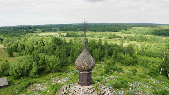 Aerial View at Domes with Crosses of an Old Abandoned Church