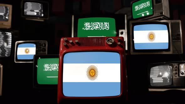 Flags of Argentina and Saudi Arabia on Retro TVs. 4K.