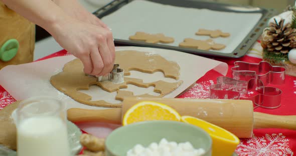 Cutting Out Gingerbread Cookies From Dough in Kitchen, Medium. alt