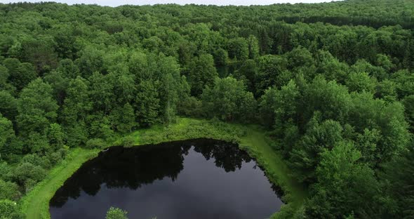 A drone flight over a cute private bass pond in the Catskill Mountains New York. alt