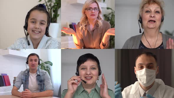 Diverse People Look at Web Cameras Listen Webinar Lecture Participate Group Conference Call Male alt