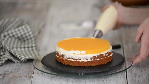 The Pastry Chef Prepares Carrot Cake with Orange Jelly