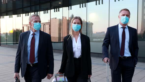 Business People in Protective Mask Walk Outside Office Building, Corporate Workers Walking 