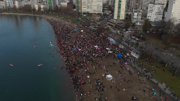 Various drone shots at English Bay near downtown Vancouver, BC during Polar Bear 2019 event alt