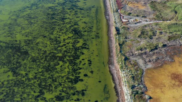 Beautiful flight in summer over salt lakes. Dry lakes. Green grass. alt