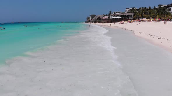 Aerial View Paradise Sandy Beach with Clear Turquoise Ocean Zanzibar Africa alt
