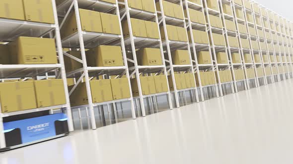 Warehouse industry autonomic robots carrying metal shelves with cardboard boxes.