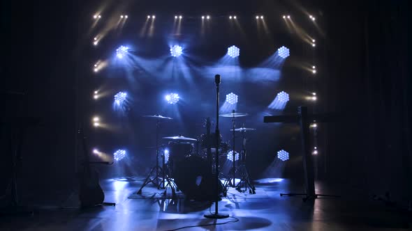 Classic Retro Chrome Microphone and Electric Guitar Together with Drums and Piano Synthesizer alt