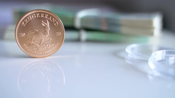 South African Krugerrand Coin in a Vertical Position  Official Currency of Poland alt