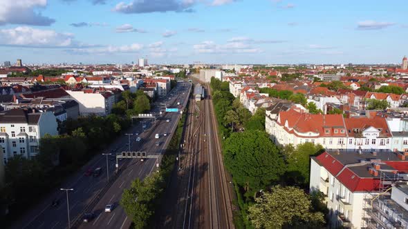 Traffic on Freeway Railway tracks.Perfect stable tripod aerial view flight panorama overview drone alt