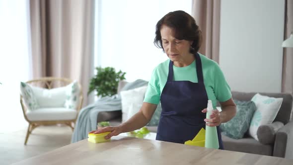 Elderly American Woman Housekeeper Wipe Table Working in Home Room alt