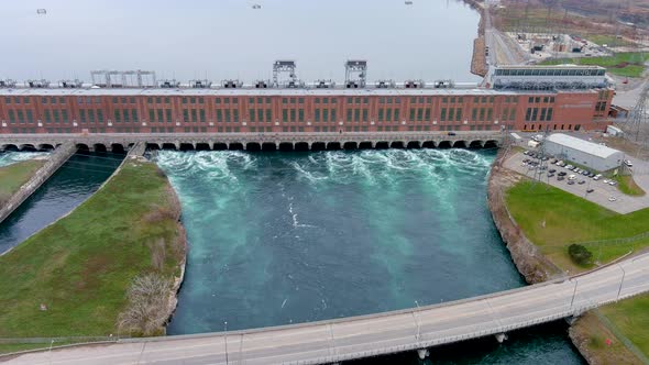 4K aerial view of the Beauharnois Hydroelectric Generating Station on the Saint Lawrence River.