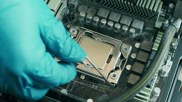 Electronics Repair Technician Remove A Computer Processor From A Motherboard Socket. Close up