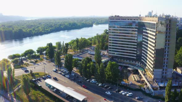 Aerial Drone Footage of Rusanivka District in Kyiv at Sunset Ukraine alt