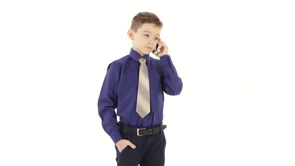 Teenager Boy Businessman Scolds Subordinates By Phone on White Studio alt