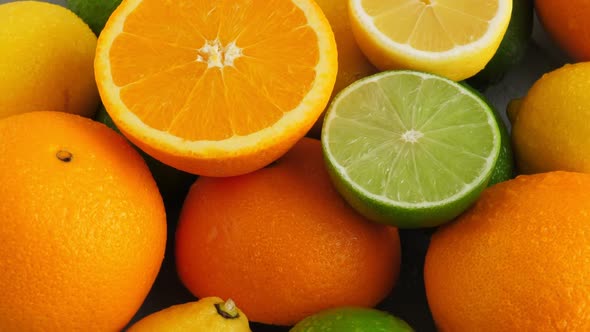Half Cut Juicy Lime on Citrus Fruit Background, a Lot of Lemon, Oranges and Limes Top View alt