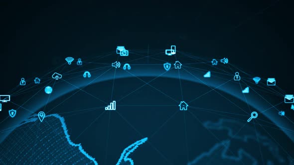 Blue technology icon and earth sphere futuristic elements abstract background seamless loop video