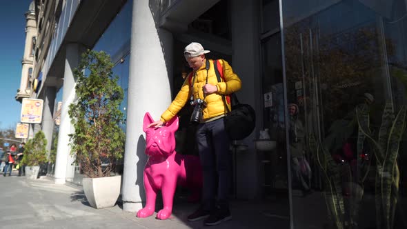 Young Man in Yellow Clothes Leaves the Hotel and Strokes a Large Statue of a Pink Dog