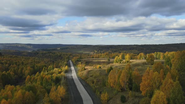 Cinematic Breathtaking Aerial Drone Footage. Flight Over Autumn Trees, Meadows in Sunset