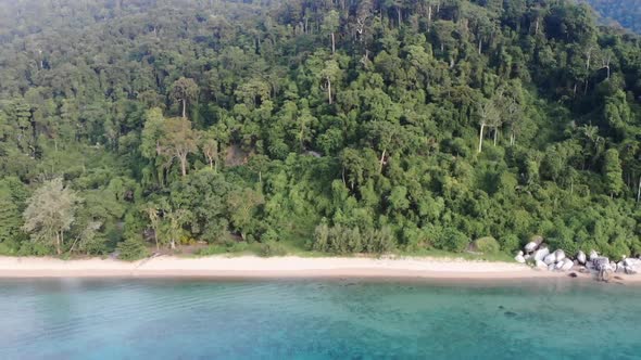 A drone video flying outward from an empty Tioman tropical island with full of trees and tropical fo alt