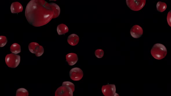 3D animation of falling red apples on a black background