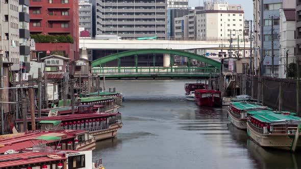 Timelapse Traditional Tokyo Boats Moor on Kanda River alt