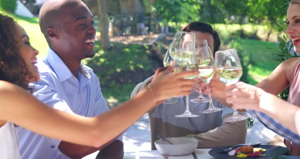 Friends toasting glasses of wine at restaurant alt