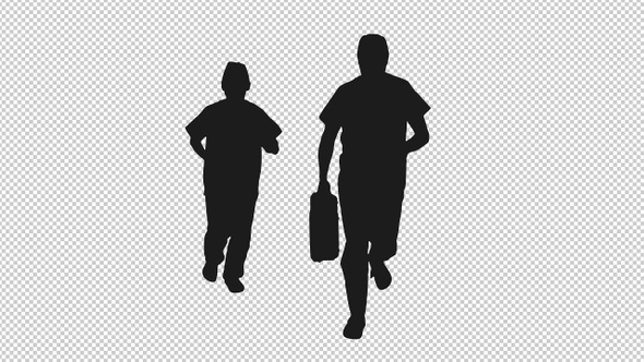 Black and White Silhouette of Two Doctors with Medical Case Running to Save People, Alpha In 