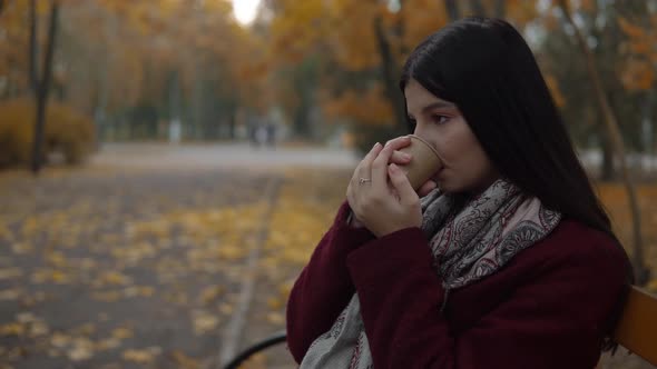 Woman Relaxing Sitting on Bench Autumn Park Drinking Hot Coffee or Tea Outdoor