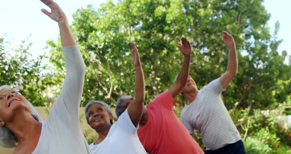 Senior friends doing stretching exercise in garden 4k alt