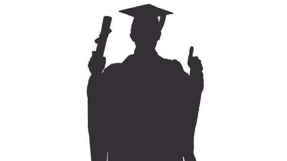 Black And White Silhouette Of Student Graduate Rejoices While Walking