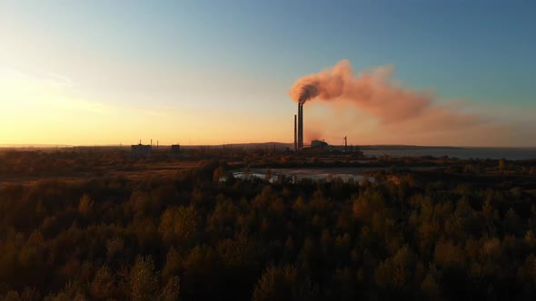 Aerial Drone View High Chimney Pipes with Dirt Smoke From Coal Power Plant alt