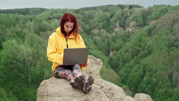 Woman Freelancer Works at Laptop on Top Mountain Backdrop Stunning Mountain alt